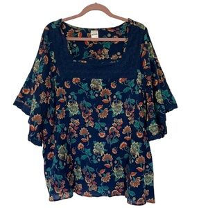 Blair Square Neck Bell Sleeves Floral Boho Popover Blouse. 3XL Blue yellow coral